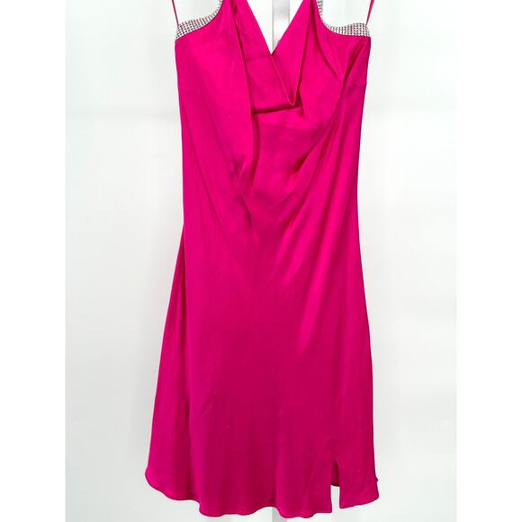 ASTR the Label Sicily Fuchsia Satin Halter Rhinestone Trim Mini dress Small‎ - Picture 5 of 11